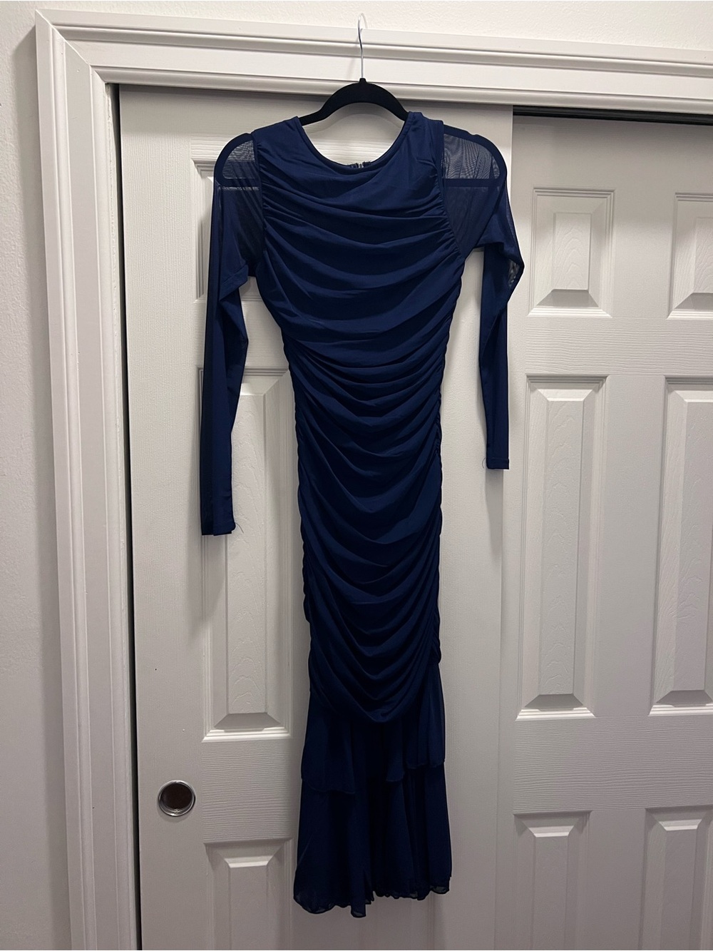 Navy Ruched Long Sleeve Evening Dress